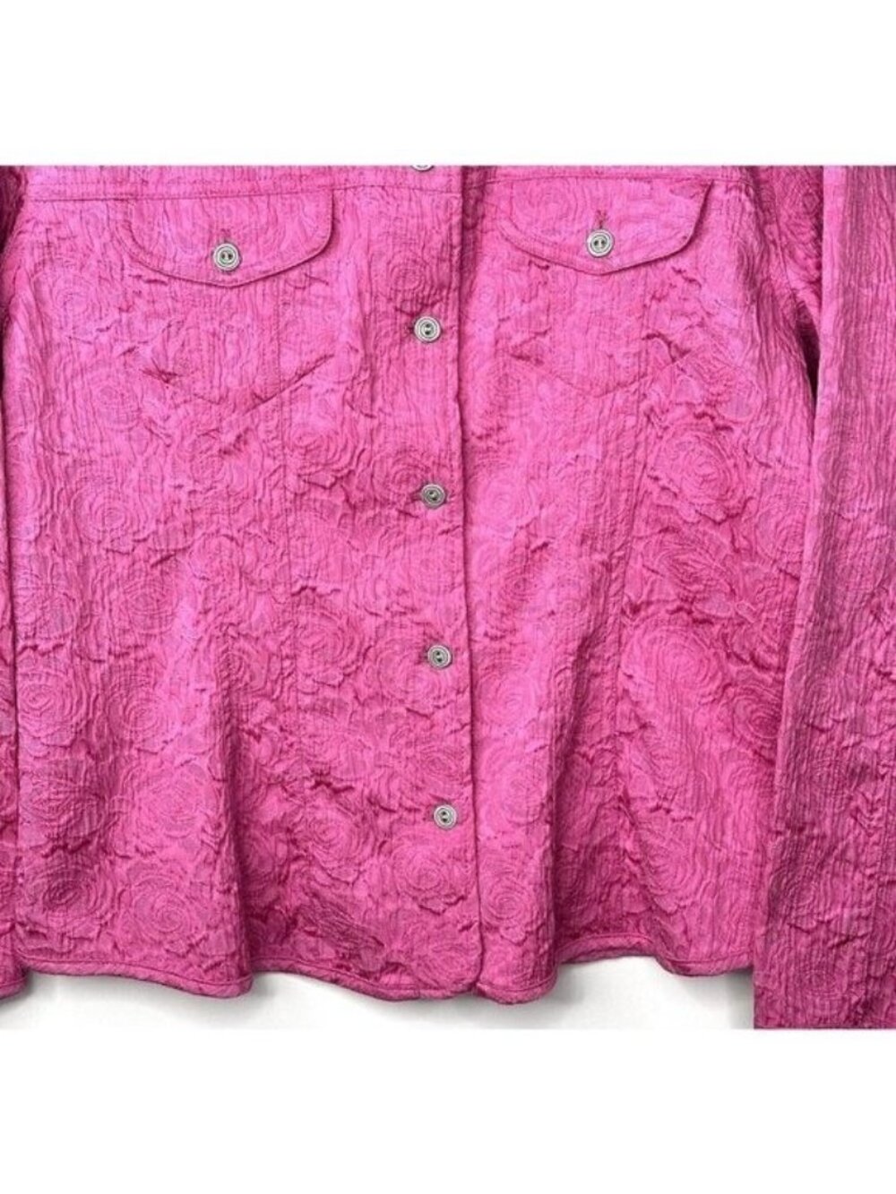 Chicos Womens 2 Pink Floral Jacquard Jacket Textured Stretch Button Up Artwear - Picture 4 of 11